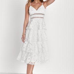 Constant Admiration White Crochet Lace Tiered Midi Dress